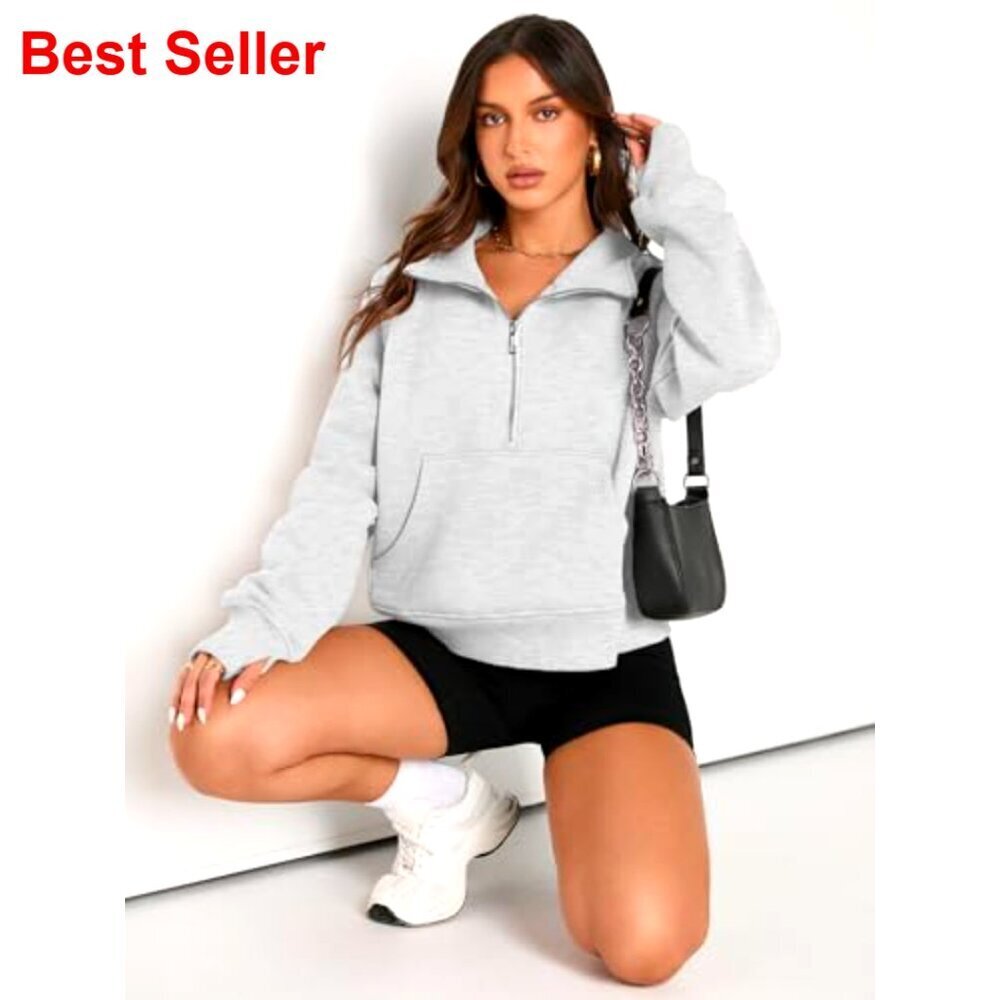 Women's Half Zip Cropped Fleece Pullover Hoodie with Thumb Holes and Pockets - Picture 4 of 7